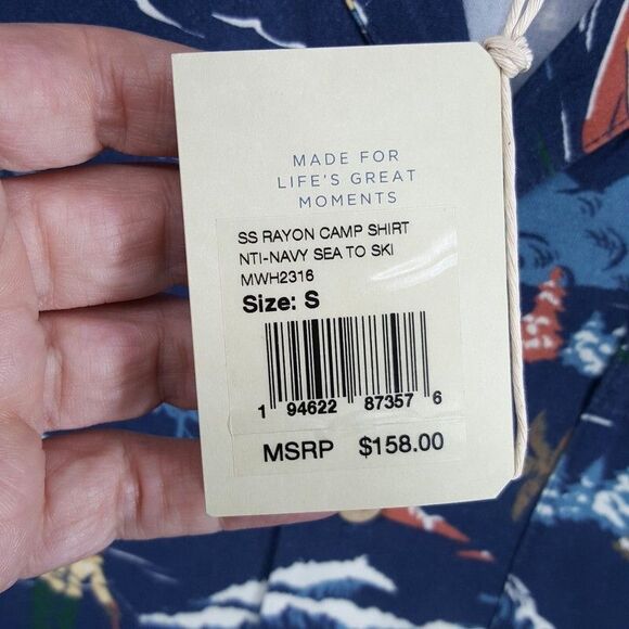 FAHERTY Camp Shirt Mens Small Navy Button Up Short Sleeve Sea to Ski $158 - Picture 2 of 7